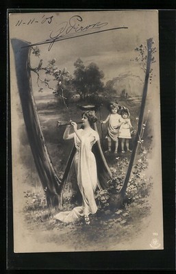 Foto-AK NPG NR: 195, Buchstabe W, Frau bläst Fanfare, Kinder mit Wanderstab 
