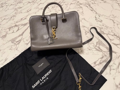 Yves Saint Laurent Baby Cabas Bag Gray Leather Used