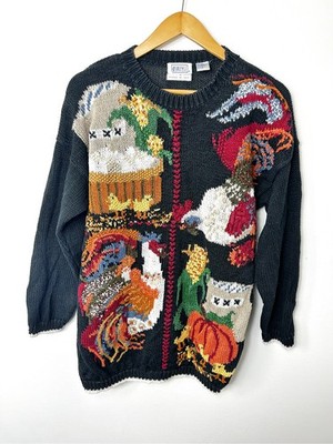 Vintage schwarz orange Halloween Herbst Kürbis Bauernhof Handstrick Pullover Pulli XL