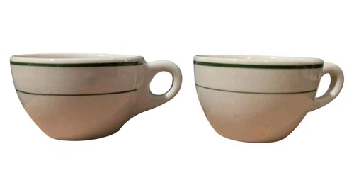 Buffalo China Vintage White & Green Striped Diner Restaurant Ware Cup Set of 2