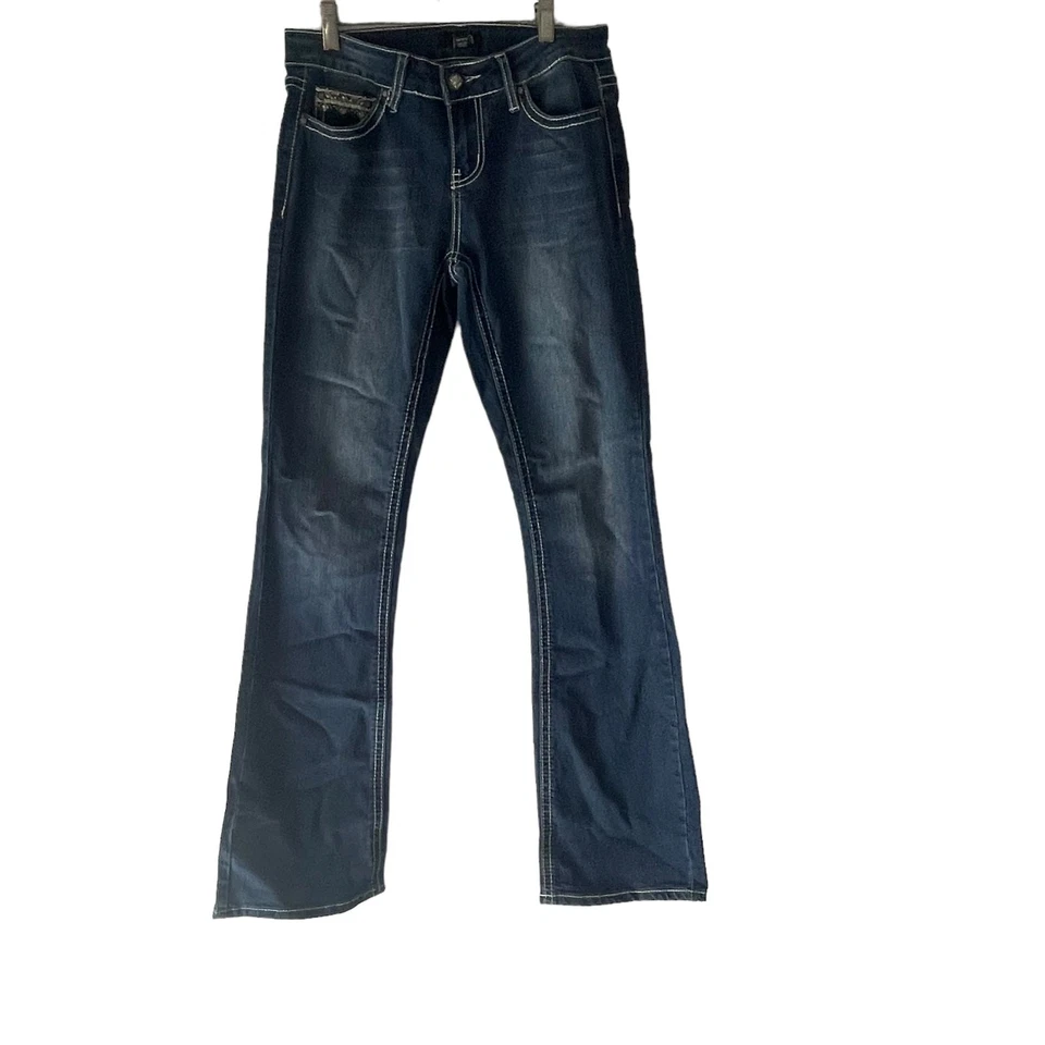 Pantalones de mezclilla rectos Ana para mujer talla 4 bolsillos bordados brillantes florales lavado oscuro Foto 2 de 4