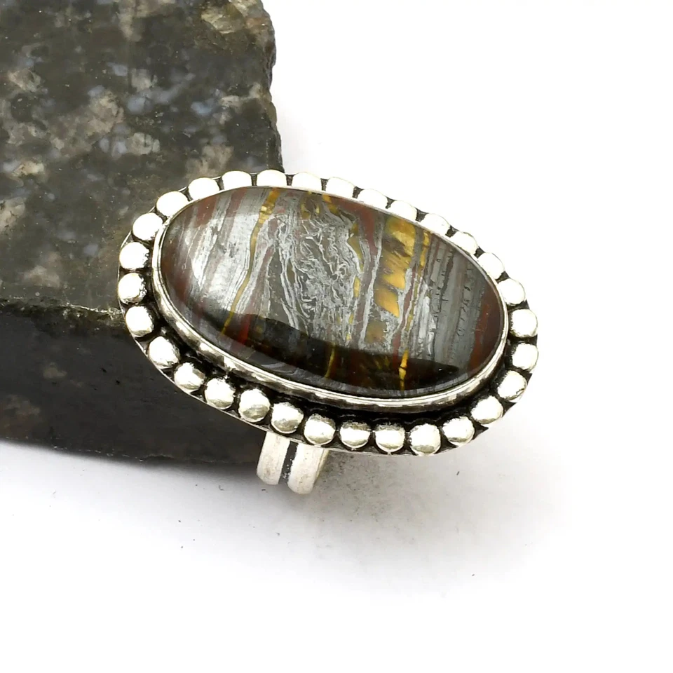Eisen Tigerauge Edelstein ethnisch handgefertigt Ring Schmuck Geschenk US-Größe 8 AR 33265