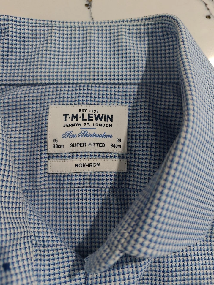T.M.LEWIN MENS PURE COTTON LS NON-IRON SHIRT IN Blue PLAID SIZE 16 33 - Image 3 of 4