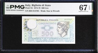 Italy 500 Lire 1974 1979 P 94 Superb Gem UNC PMG 67 EPQ