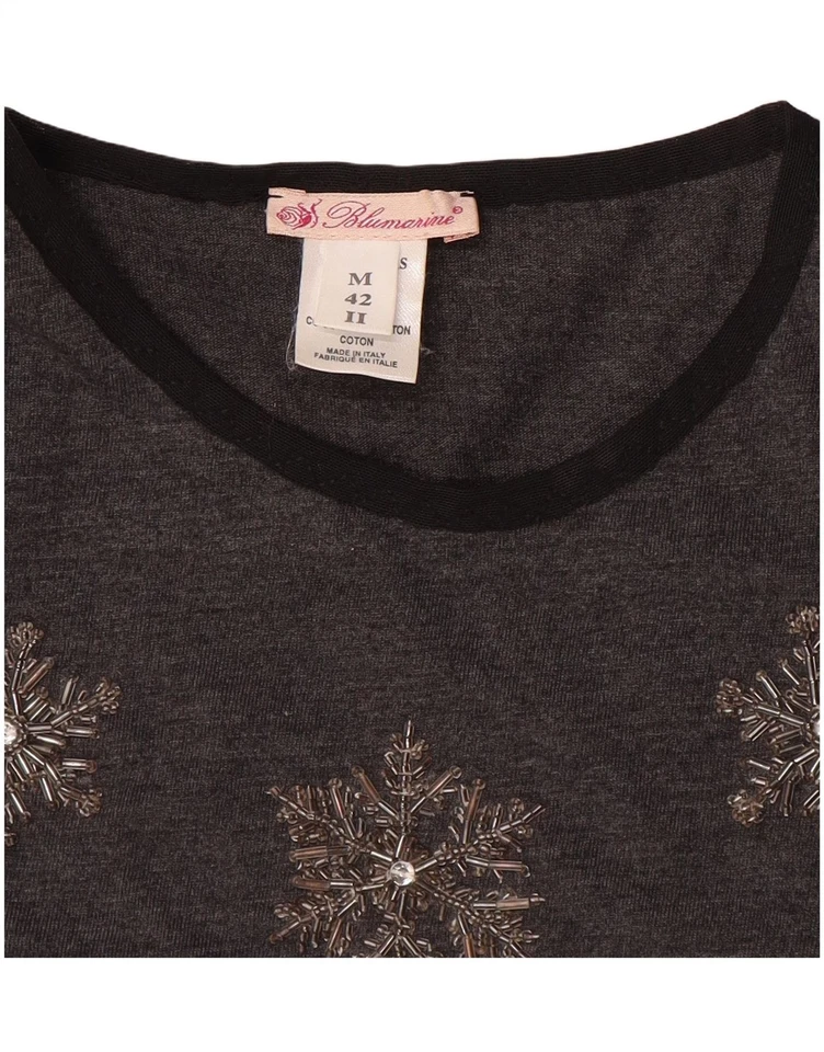 BLUMARINE Womens Graphic T-Shirt Top IT 42 Medium Grey Fair Isle Cotton CQ06 - Image 3 of 3