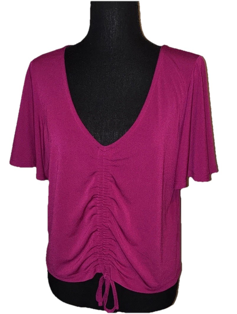 Express Large V-Neck Front Drawstring Magenta Sho… - image 1