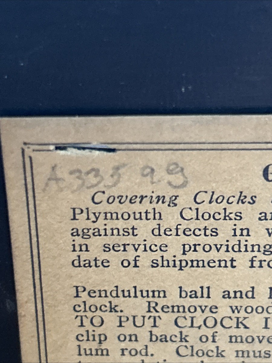 Vtg Plymouth Mantle 8 Day 891 Series Clock - Key Wind Pendulum