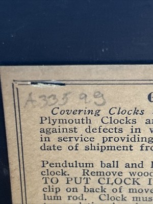 Vtg Plymouth Mantle 8 Day 891 Series Clock - Key Wind Pendulum