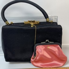 VTG KORET Black Satin Purse W/pink Satin lining Coin Purse Attached by Chain