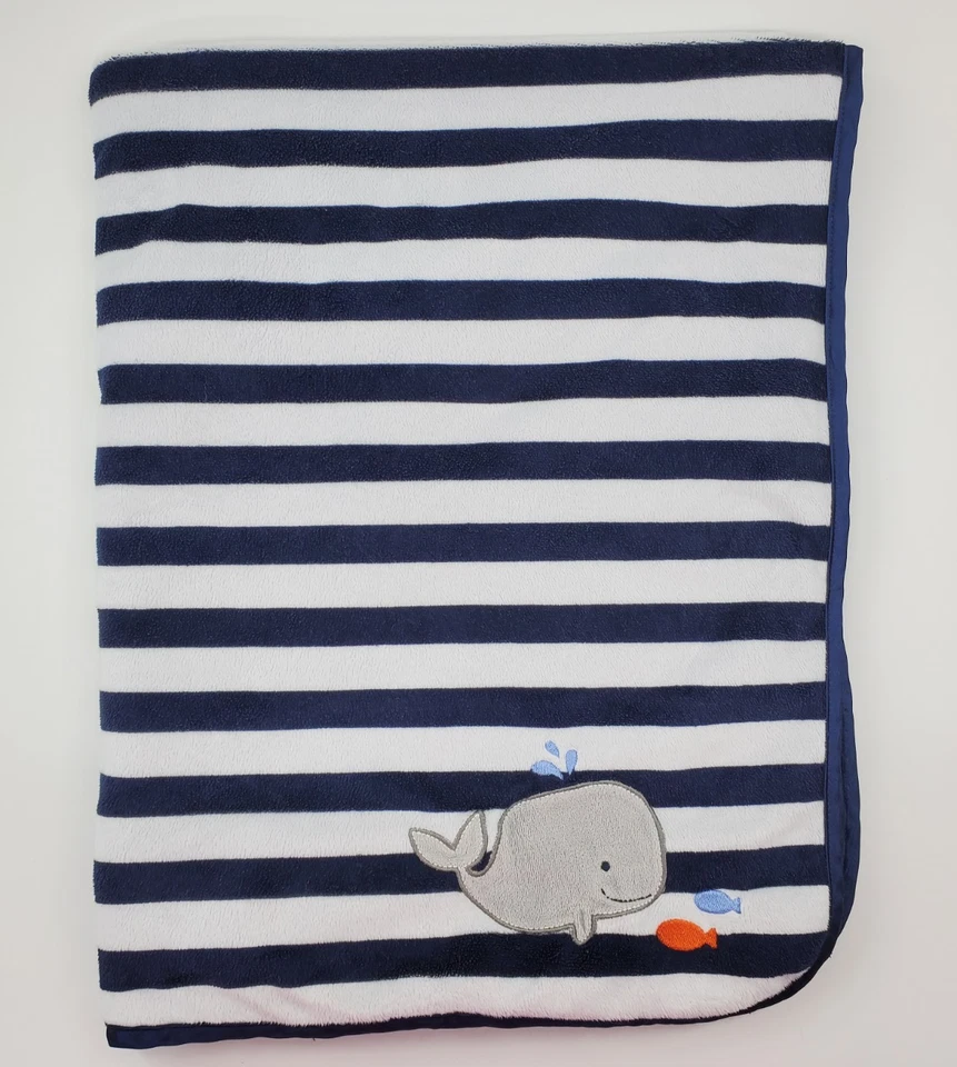 Cobertor de bebê Carters Child Of Mine peixe baleia listras azul ponto minky B58 - Imagem 2 de 4