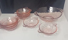 Pink Rose Depression Glass Handles Fruit Dessert Snack Bowls Set Of 12 Scallop