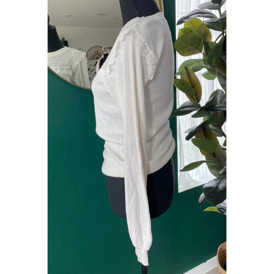 Elie Tahari Sweater Women XS Ivory Long Sleeve Ribbed Knit Lace Trim Cottagecore - Image 3 of 4