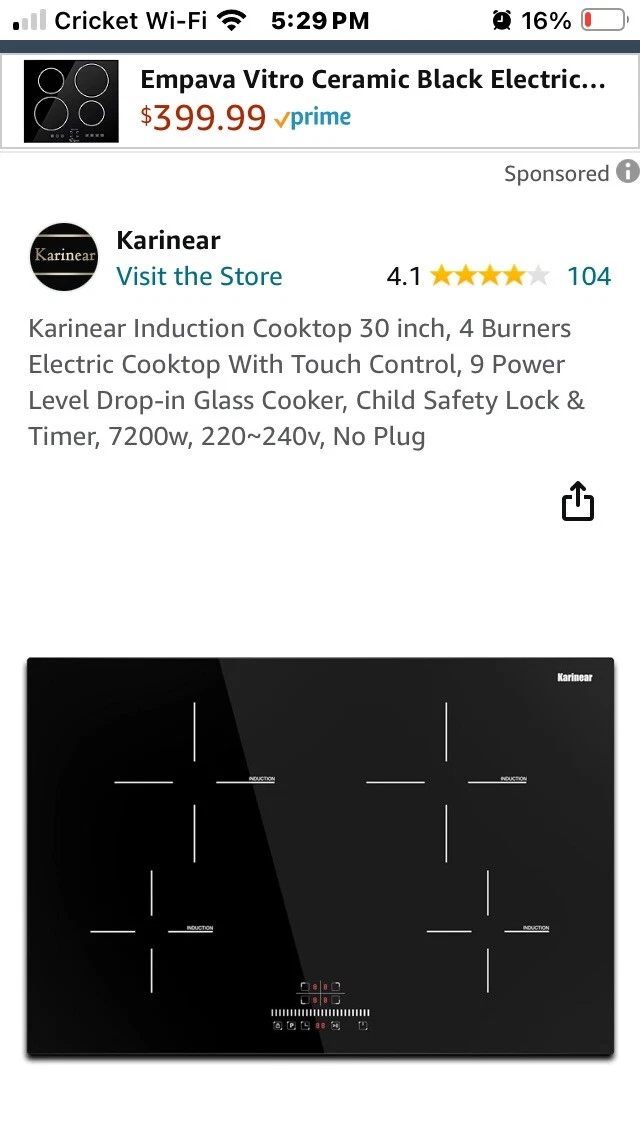 New Karinear 23"x20.5’’KNI-603S1 Induction Hob Drop-In Glass Cooker