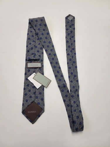$158 New CANALI Neck Tie SILK COTTON Knit Gray Blue Polka Dot Medallion ITALY - Picture 4 of 8