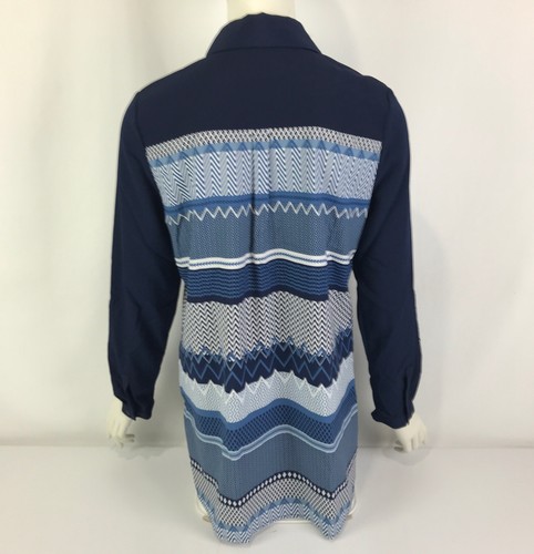 Trent Nathan Blouse Blue Size 12 Navy White Geo Print Long Roll Tab Sleeve - Picture 7 of 13