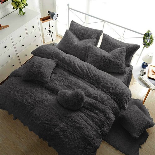 TEDDY BEAR FLEECE DUVET COVER WARM FITTED SHEET + PILLOW CASE CHARCOAL BLACK - Picture 11 of 20
