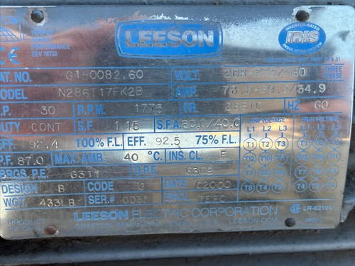 Leeson Electric 30HP, 1775RPM, 286TC N286T17FK2B / Parker Hydraulic Pump PVP - Picture 2 of 3
