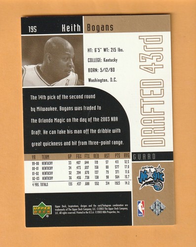 Keith Bogans Orlando Magic 2002-03 Upper Deck Inspirations /2999 Kentucky 7L - Picture 2 of 2