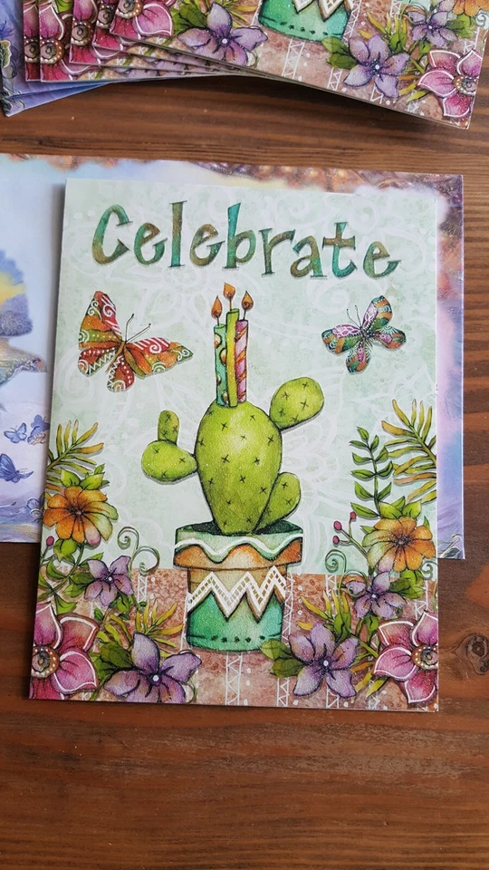 Leanin Tree (6) Sparkly Celebrate Birthday Cards w Cactus Butterflies Flowers - Image 2 of 4