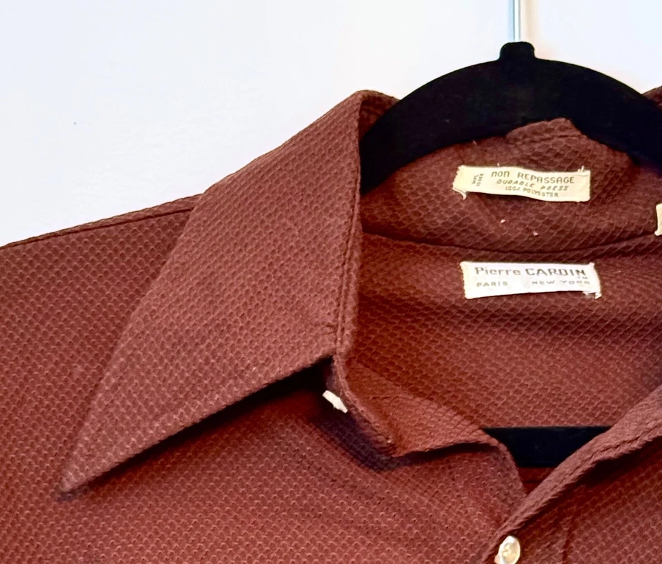Vintage 70s Pierre Cardin Disco Waffle Pique Shirt w/ Daggar Collar Sz L 15-33 - Image 3 of 4