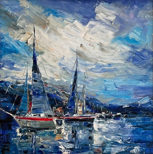 Original Framed Oil Painting Marine Sea Yachts Boats Seaside Sky Bay Ukraine Art - Picture 19 of 21