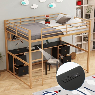 Metal Loft Bed with Desk, Cabinets, Drawers, Bedside Tray & Charging Station