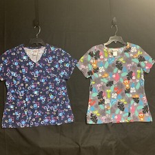 2 Scrubstar Womens Scrub Top Size M Short Sleeve V-Neck Pockets Blue Jungle
