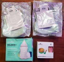 Baby Bjorn Baby Bib 4 Ct Pink and Green + Avanchy Bowl Spoon + 3 Evenflo Bottles