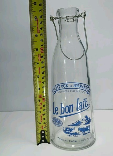 French Lait Pur de Normandie Le bon Lait Milk Bottle Wire Swing NO TOP Vtg Glass - Picture 7 of 7