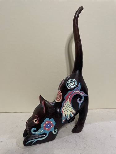 Hand Carved Folk Art Wood Long Tail CAT Brown  Hand Painted Figurine - Picture 1 of 12