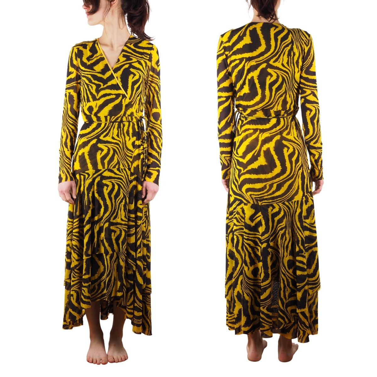 GANNI Women's Animal Print Tiger Camo Yellow Mesh Wrap Midi