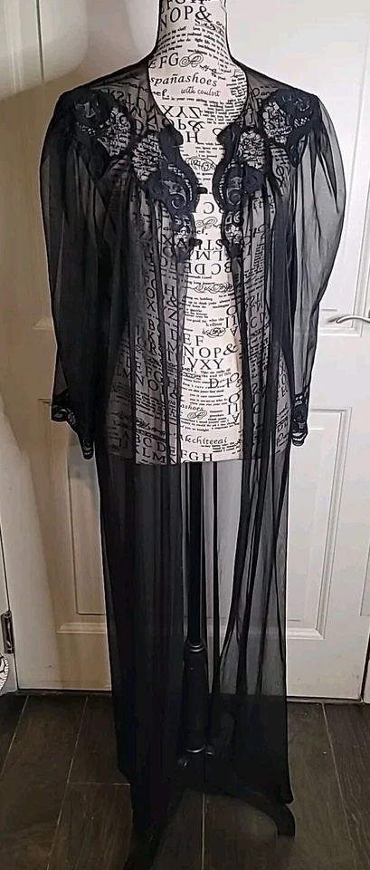 Винтажный ADONNA черный нейлона ночная рубашка Peignoir развертки назад кружева с ремешками большой новый с Ярлыками - Изображение 3 из 4
