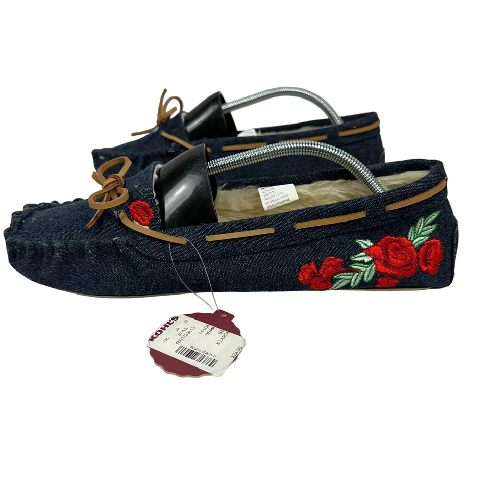 Zapatillas de mocasín de mezclilla SO con rosas bordadas y forro de piel sintética para mujer XL Foto 2 de 4