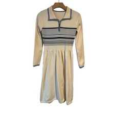 Shein Cretily Fit and Flare Dress Womens S Cream Blue Striped Knit Long Sleeve