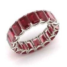3Ct Emerald Cut Lab Created Ruby Eternity Band Ring 14K White Gold Plated