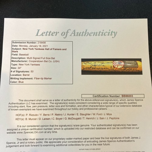 Beautiful New York Yankees HOF Legends Signed Baseball Bat With 50 Sigs! JSA COA - Imagen 12 de 12