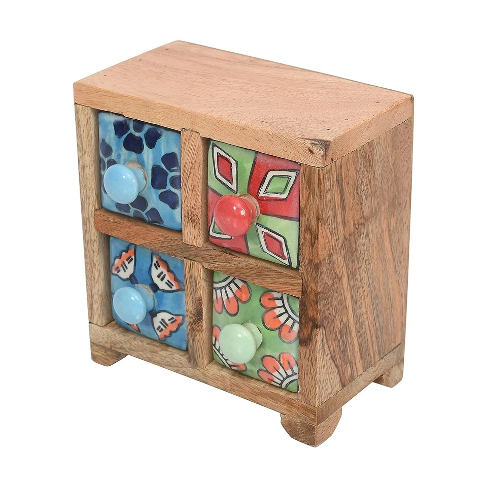 Caja de madera artesanal con cajones de cerámica para sobremesa artículo decorativo Foto 3 de 4