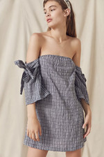 Urban Renewal Remade Black White Plaid Tie Sleeve Off The Shoulder Dress Medium