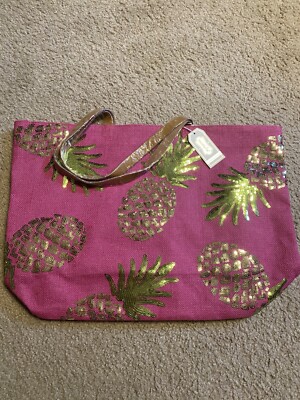 MUD PIE LARGE JUTE GLAM SEQUIN PINEAPPLE PINK/GOLD BEACH POOL TOTE BAG - NWT