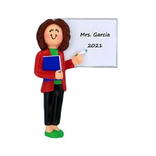 Personalized Christmas Ornament - Brunette Female Teacher wearing a Red Jacket