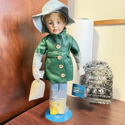 Vintage NEW Marian Yu Designs 16  Porcelain Boy DOLL Green Raincoat Yellow Boots