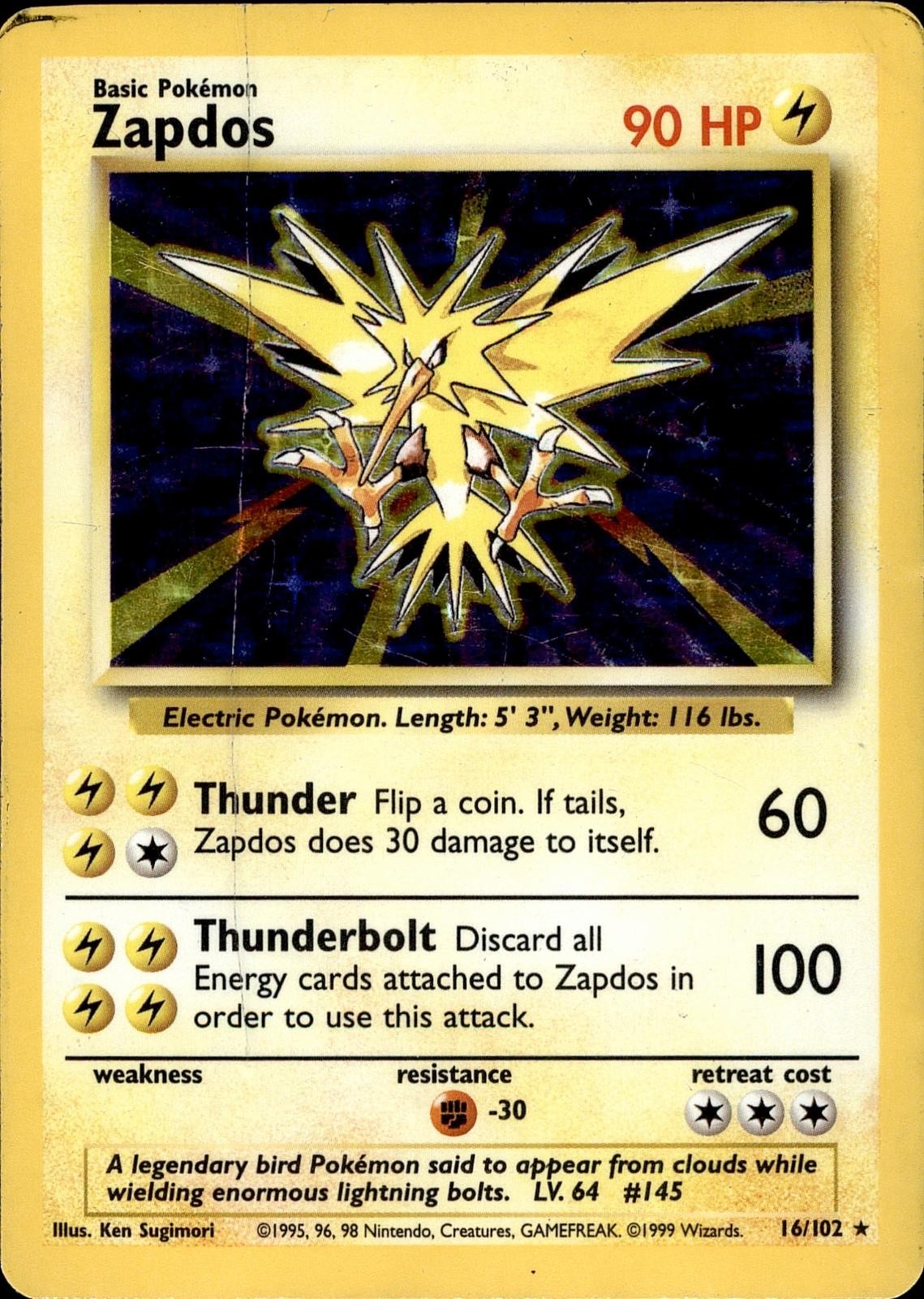 POKEMON ZAPDOS 16 BASE SET UNLIMITED 102 HOLO HOLO RARE HOLO HP