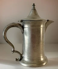 Antique Pewter Syrup Pitcher with Hinged Lid and Queen Anne Applied Handle 6.5"