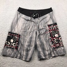 Affliction Board Shorts Mens 32 Gray Skull Graphic 10" Swim Trunks Y2K Vintage