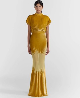 SALONI Gold/Yellow Velvet Ombré Mock Neck Cap Sleeve Long Gown Dress 8 MSRP $975