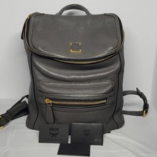 Authentic MCM Gray Medium Backpack Gold Hardware Zip Closure Adjustable Strap