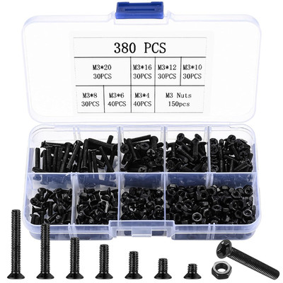 M3 Flat Head Machine Screws and Hex Nuts Kit, 380 Pcs Black Countersunk Head Phi