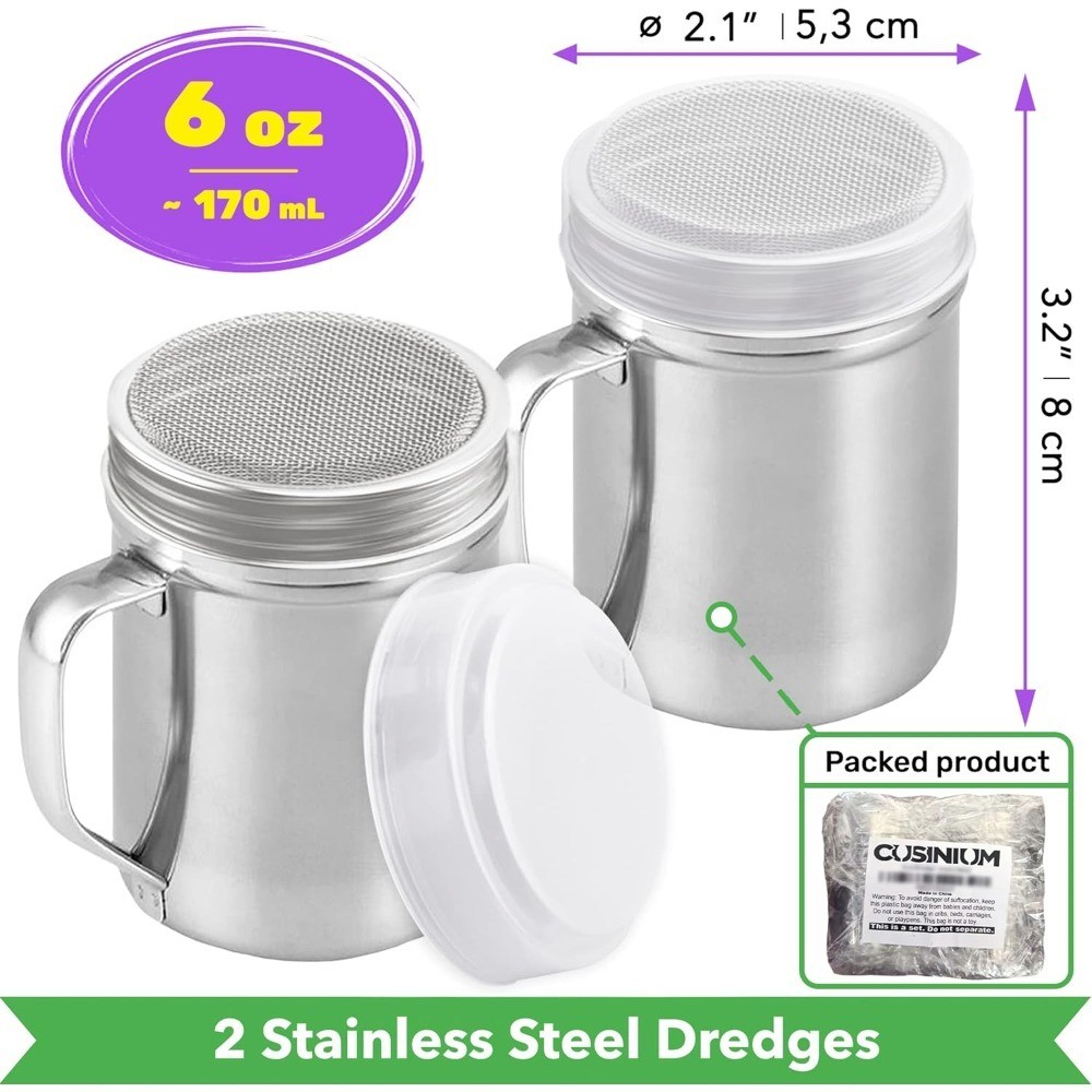 Powdered Sugar Shaker with Handle Fine Mesh Dredge Cinnamon Sugar Dispenser for