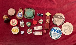 Vintage Petrol/Oil Can/Bottle caps Advertising Keyrings Badges Tax Discs etc