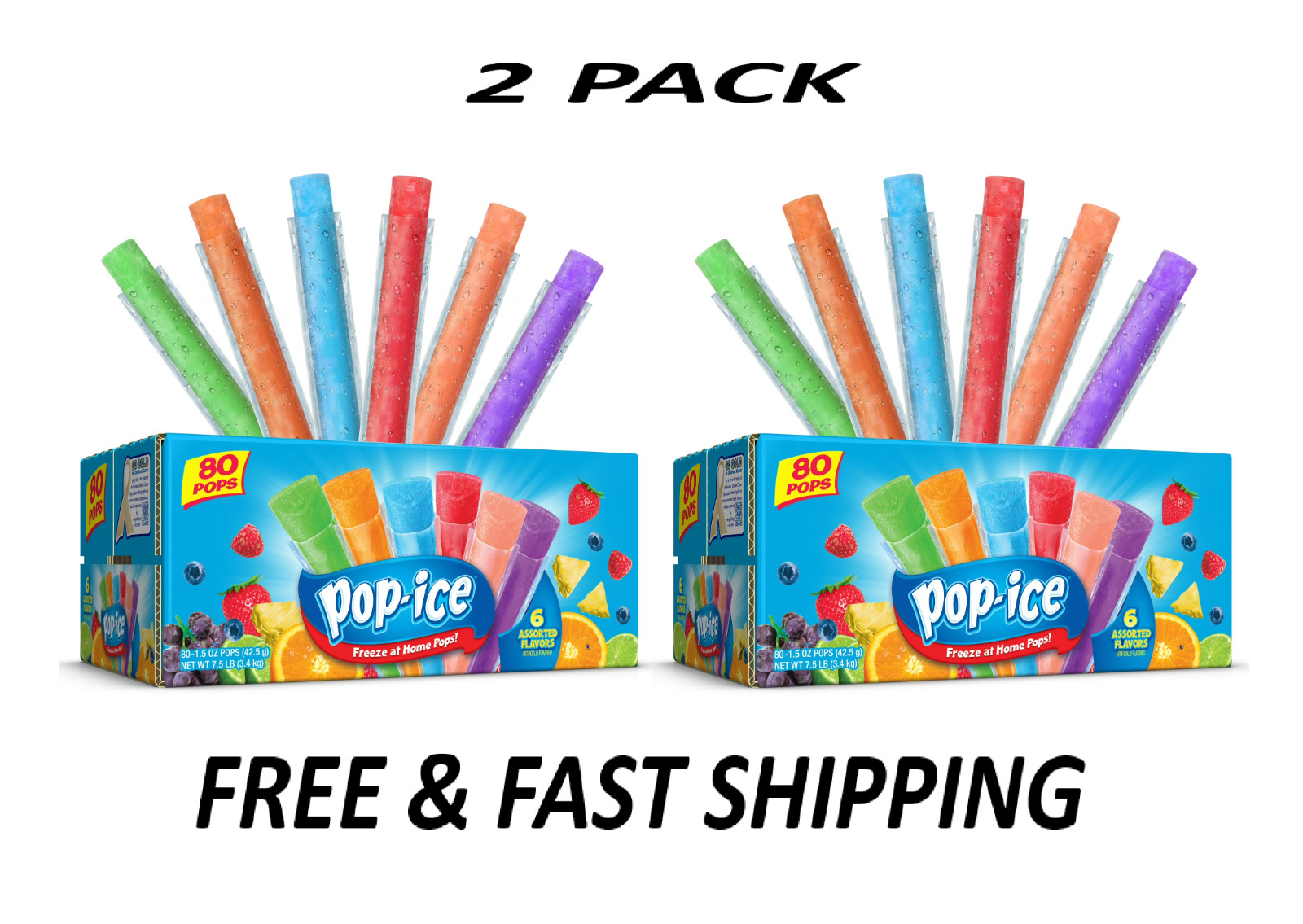 (2 Pack) Pop-Ice Assorted Fruit Freezer Ice Pops 80 Count Gluten Free.